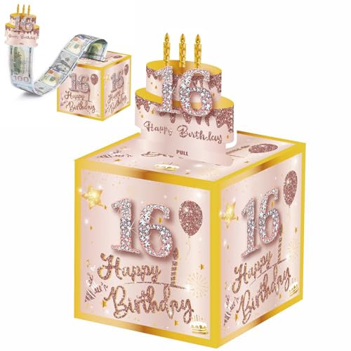 Happy 16th Birthday Money Box for Cash Gift,Rose Gold Pull Surprise Money Gift Box for 16th Birthday Presents,Money Cake Pull out Cash,16th Money Box,Happy Birthday Money Gift Box for Boys Girls