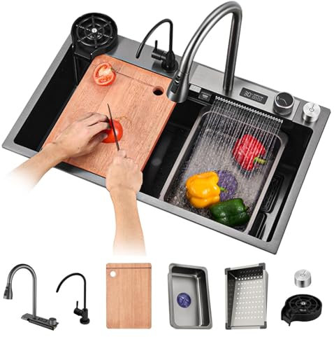 Fregadero De Cocina Grande De Acero Inoxidable Con Grifo De Cascada, Pantalla Digital De Temperatura, Fregadero Hecho A Mano Con Nanorrevestimiento, Juego Completo De Accesorios(75cm)