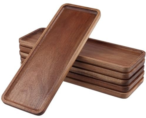 MOUYAT 6 Pack Acacia Wood Serving Platters and Trays, 30 x 10.5 cm Wooden Charcuterie Boards Wood Serving Trays, Rectangle Wooden Tray for Kitchen Counter, Bathroom, Party, Serving Food