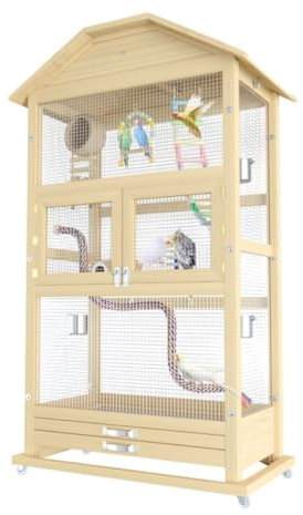 Vogelkäfig Vogelvoliere Großer Vogelkäfig Für Draußen Und Drinnen, Sittichkäfig Mit Rädern, Sitzstange Und Herausnehmbarer Ausziehschale Für Papageien, Tauben, Kanarienvögel Vogelbauer Vogelhaus(Wood