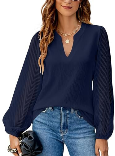 Atxnn Camicia Donna Blusa Scollo a V Manica Lunga Elegante Chiffon Top Pizzo Manica Casual Bolla Maniche Camicetta