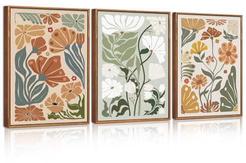 CHDITB 3PCS Blumen Leinwand Wandbilder,Bunt PflanzenWandkunst Set,Boho Blumen Wanddekoration,Bunte Matisse Wanddeko,Farbenfrohe Pflanzen Bilder Wohnzimmer Mädchen Zimmer Schlafzimmer Büro(30x40cm)