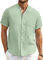 Enlision Camisas Lino Hombre Manga Corta Verano Camisa Cuello Mao Hombre Henley Camisetas de Lino Algodon con Botónes Tops Verde Salvia Casual Playa M