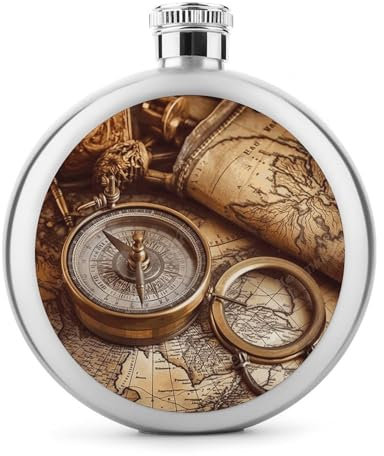 Compass And Old World Map Hip Flask 5 Oz Round Stainless Steel Mirror Polished Wine Pot Portable Pocket Wine Whiskey Flask Small Drinking Flasks Drinkware for Men Women