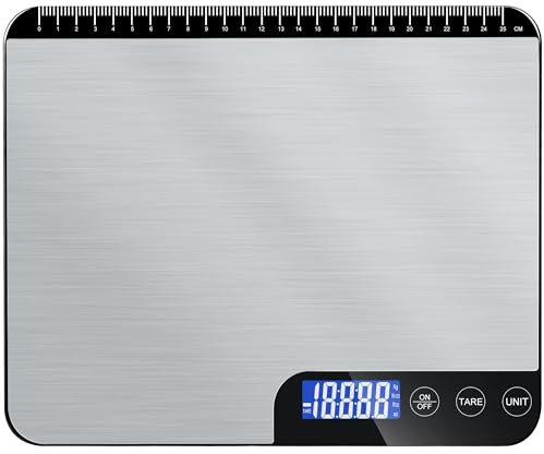 Küchenwaage Digital 20KG,Großer Wiegefläche Digitalwaage mit Lineal,Professionelle Electronische Waage,Edelstahl Haushaltswaage Lebensmittelwaage,Tara Funktion,5 Einheiten,LCD Anzeige inkl. Batterien