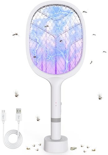 DANGZW Raqueta Matamoscas Electrica, 4800V Mata Mosquitos Electrico 2en1 con Base de Carga USB-C, Batería Recargable 1800mAh & LED UV, Raqueta Mosquitos Electrica para Mosquitos Moscas Abejas Polillas