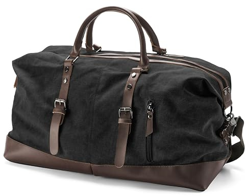 Trendhim Men's Vintage Graphite Canvas and Brown Leather Large Duffel Bag for Travel Weekend Getaways Stylish Durable Holdall for Overnight Trips