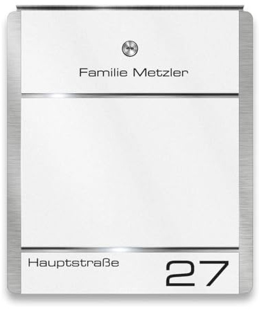 Metzler Briefkasten aus Edelstahl in Verkehrsweiß RAL 9016 mit Namensschild und Hausnummer - Wandbriefkasten weiß Personalisiert mit Gravur und Zeitungsfach optional - Wasserdicht & rostfrei | Moris