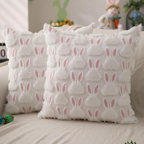 ACUSHLA Kissenbezug mit Hasenmotiv, 2er-Pack, Boho-Stil, modern, dekorativ, weich, gemütlich, für Bauernhaus, Heimdekoration, Sofa, Couch, Schlafzimmer, Terrassenmöbel (45 x 45), Rosa
