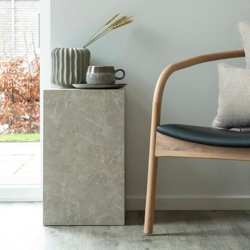 LEBENSwohnART Design Beistelltisch POSTATO 50cm Marmor-Look beige Creme Pflanzsäule Nachttisch