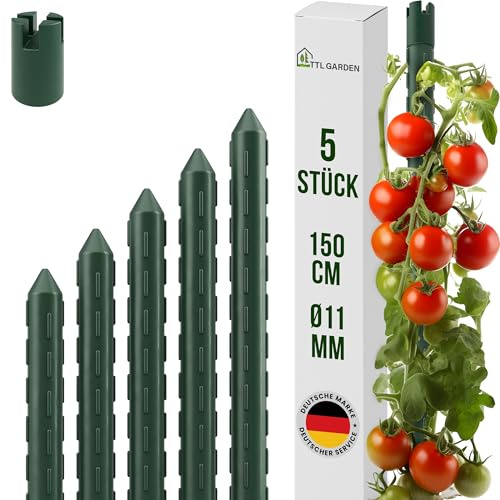 TTL GARDEN Rankstäbe 5er Set 150cm x 11mm Ø grün - Rankhilfe Pflanzstäbe | - Rankstäbe Stahl rostfrei kunststoffbeschichtet Pflanzenstütze Blumenstütze für Tomaten, Paprika, Gurken, Bohnen & Blumen