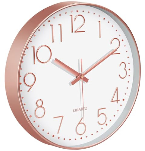 Mabpedo Silent Wall Clocks Battery Operated 20cm, Analog Wall Clock with Oversized Number Tempered Glass Clock Face, Rose Gold Quartz Non Ticking Wall Clocks for Living Room Bedroom Kitchen Office