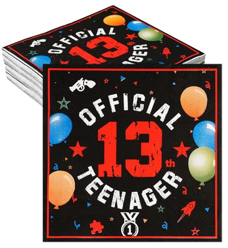 20 Stück Servietten 13. Geburtstag, Happy Birthday Servietten | 33x33cm, Schwarz Rot Geburtstagsservietten, Papierservietten Deko 13 Geburtstag Teenager Junge Mädchen für Party Jubiläum