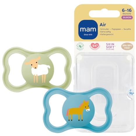MAM Air Schnuller | 6-16 Monate | 94% Akzeptanz | Babyschnuller mit Experten entwickelt | besonders hautfreundlich | SkinSoft Silikon | Schaf/Regenbogen | 2 Stück