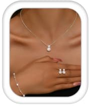 Krfy Schmuck Set Damen Gold Silber Schmuckset Edelstahl Perlen Halskette Armbänder Ohrringe Silberschmuck Kubik Zirkonia Bogen Damenkette Armband Ohrstecker Perlenkette Schmuck Damen Silber - Perle