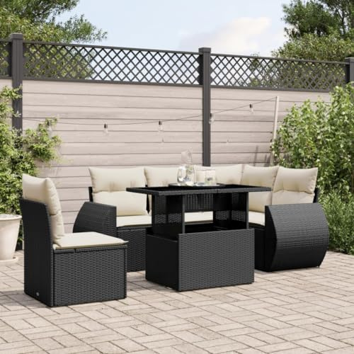 QJBSAVVA 6-TLG. Rattan-Gartenmöbel-Set Schwarz mit höhenverstellbarem Tisch 100x55x44/73 cm, wetterfeste Poly-Rattan-Lounge für Balkon Terrasse Garten kleine Flächen