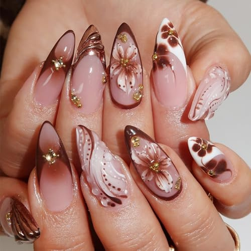 24PCS False Nails Almond - Caramel Amber French Tip False Nails with Golden 3D Pattern Design - Press on Nails Short in 12 Sizes - Full Cover Acrylic False Nail for Women Nail Art