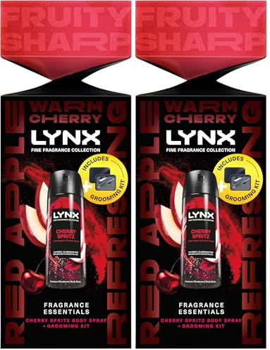Lynx Fine Fragrance Cherry Spritz Essentials Gift Set with a Cherry Spritz body spray and Grooming Kit perfect for any occasion 1 piece (Pack of 2)