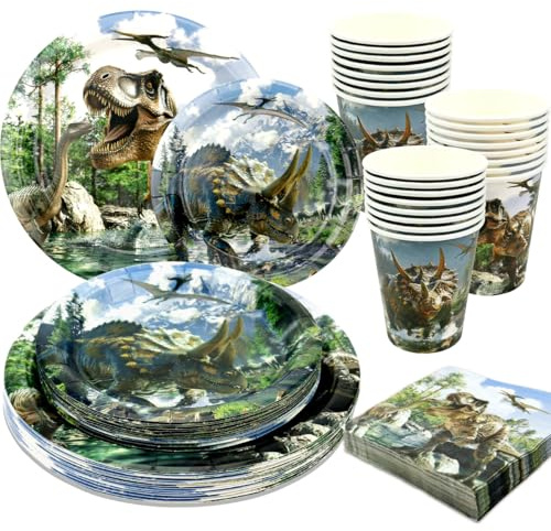 100 piezas de suministros de fiesta de dinosaurios para cumpleaños, juego de vajilla temática del mundo de dinosaurios, incluye platos, servilletas, tazas para niños, suministros de fiesta de