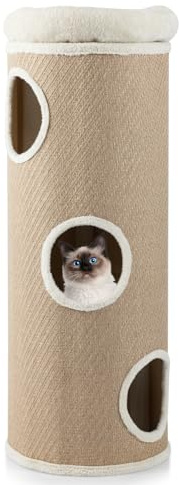 GYMAX Tonneau à Griffer pour Chats 113cm avec Perchoir Souple, Griffoir Dome avec 3 Entrées, 2 Panneaux en Sisal à Gratter, Tissu Respirant, Matériau Intérieur Naturel