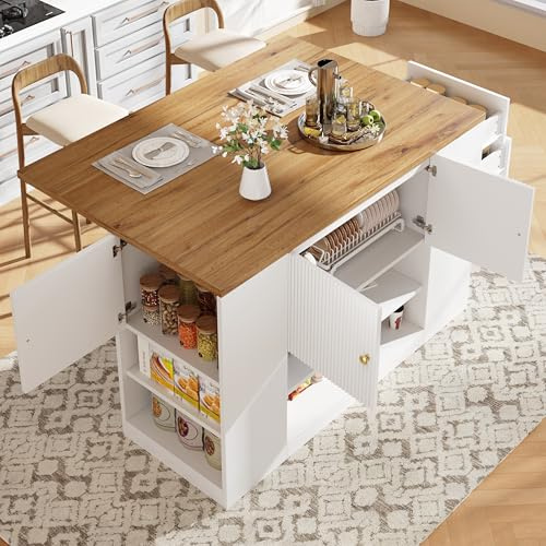 VIVCA Isla de cocina moderna blanca con armarios de cocina, aparadores, cocina americana, cajones y estantes, armarios para cocina y comedor