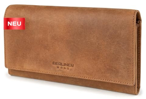 Berliner Bags Grand Portefeuille Femme Iris en Cuir RFID - Marron | Grand portefeuille femme en cuir, protection RFID, 20 emplacements cartes et poche à monnaie