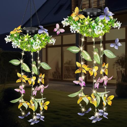 Lampes solaires pour l'extérieur Suspendues Colorées, 2 pièces Plante suspendue artificielle avec LED Éclairage solaire étanche Papillon Carillon éolien Plantes artificielles Comme vraies pour jardin