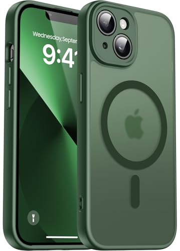 Natiiozie Magnetisch Hülle für iPhone 13, Matt Dunkelgrün | Kompatibel mit MagSafe, Kameraschutz Militärschutz Handyhülle, Stoßfest Kratzfest Schutzhülle Transluzente Rückseite Case
