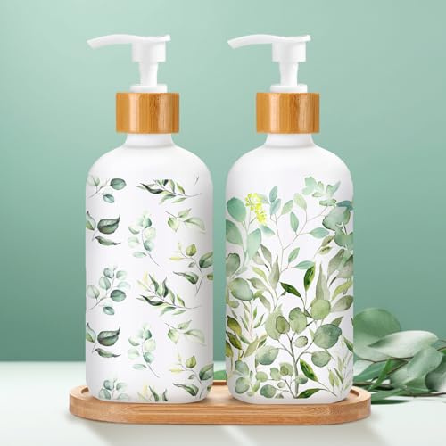 Potchen 2 Pack Eucalyptus Glass Soap Dispenser Set Sage Green Bathroom Decor 16 oz Plant Leaves with Floral Greenery Soap Hand Dish with Pump Wood Tray Eucalyptus Home Decoration for Housewarming
