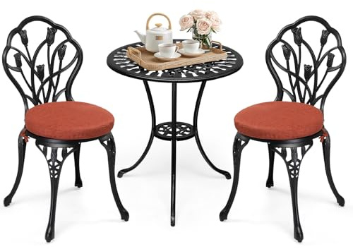 Bonnlo Juego Muebles de Jardín, 3 Piezas de Aluminio Fundido, Mesa Redonda con 2 Sillas Exterior, Conjunto de Terraza con Agujero para Sombrilla, Ideal para Bistro Terrasa Balcón y Patio, Negro