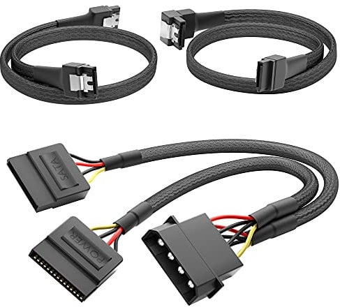 KabelDirekt – hochflexibles SATA Kabel, Stromkabel-Adapter 4-Pin Molex auf 2× 15-Pin SATA (30cm) + 7-Pin SATA-3-Datenkabel 6 Gbit/s, 90° gewinkelt (60cm) + 7-Pin SATA-3-Datenkabel 6 Gbit/s (60cm)