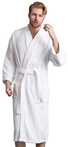 Men's Turkish Terry Kimono Style Bathrobe - 100% Cotton - Comfortable & Absorbent - Soft & Cozy Wear - Adjustable Wrap Belt (White, Large)