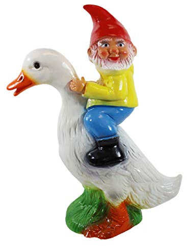 Gartenzwerg Deko Garten Figur Zwerg sitzend auf Ente aus Kunststoff H 39 cm