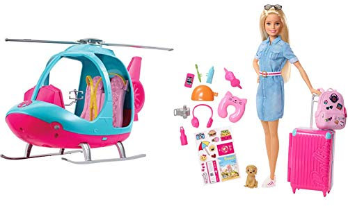 Barbie Exklusives Kombi-Angebot FWY29 - Reise Hubschrauber mit Platz für Zwei Puppen FWV25 - Reise Puppe mit blonden Haaren