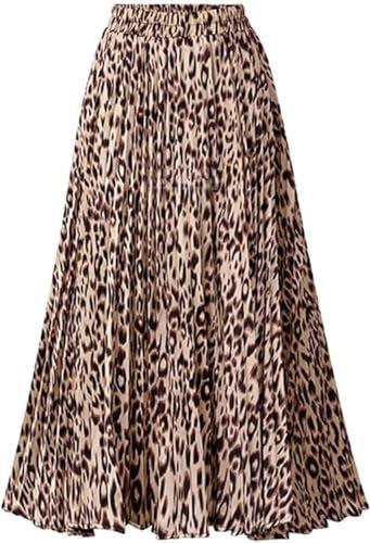 Womens Leopard Print Skirt Long Maxi Elasticated Waist Pleated A Line Skirts Boho Ladies Leopard L