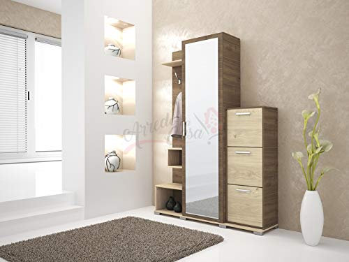 ARREDO DA CASA Mobile Ingresso Rovere Chiaro E Rovere Scuro Armadio Entrata Con Scarpiera Sospesa A Tre Ante Anta Lunga Con Specchio Ganci Appendiabiti Due Ripiani Ed Una Mensola II4038
