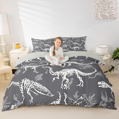 Dinosaur Duvet Cover Set Dinos Fossil Skull Comforter Cover for Kids Teen Boys Young Man Series Bedding Set Child Room Decor Ancient Animals Skeleton Bones Quilt Cover 3Pcs Full Size Grey
