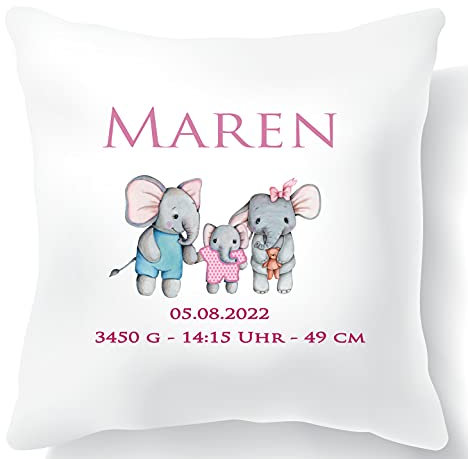 Zarto® Personalisiertes Baby-Geschenk zur Geburt mit Elefant für Mädchen - Kissen-Bezug als Geburtskissen mit Geburtsdaten - Namenskissen