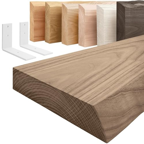 LAMO Manufaktur Holzregal mit weißen L-förmigen Halterungen | Wand Regal 50cm breit für Badezimmer, Flur, Küche im Industrial-Stil | Farbe: Nussbaum, Kante: natürlich | Massivholz, Vintage-Charakter