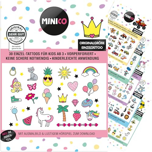 MINICO Premium Kinder Tattoo Set, dermatologisch getestet [dermatest® / Juni 2023], temporär, perforiert, hautfreundlich, leicht entfernbar, für Mädchen u. Jungs, Jungen, 30 Motive