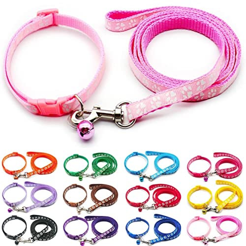 Doggie Style Store Small Dog Puppy Pet Collar and Lead Set Pawprint Design Nylon Adjustable Size 19-32cm Collar with Bell and 120cm Leash Light Pink