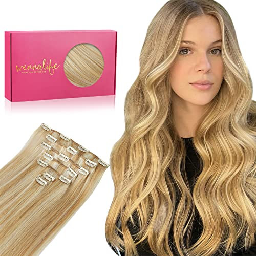 WENNALIFE Clip in Extensions Echthaar, 70g 7pcs 55cm Karamellblond Highlights Bleichblond Echthaar Extensions Clip in Remy Clip in Extensions Natürliche Haarverlängerung Echthaar
