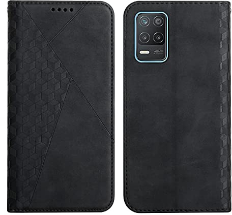 KOUYI Kompatible mit Oppo Realme 8 5G / Realme V13 Hülle, Retro Premium PU Leder Weich TPU Klapphülle Kartenfächer Magnetic Standfunktion Flip Wallet Shockproof Handyhülle (Schwarz)