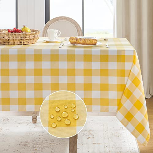 Softalker Nappe rectangulaire à carreaux vichy – Nappe d'extérieur imperméable, résistante aux taches et lavable pour pique-nique, camping, salle à manger – Jaune et blanc, 152,4 x 259,1 cm