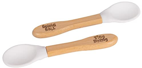 Tiny Dining x2 Children's Bamboo Soft Tip Silicone Spoons - Great for Baby Toddler Weaning - Eco Friendly Kids Dinner Dessert Cereal Spoon - White