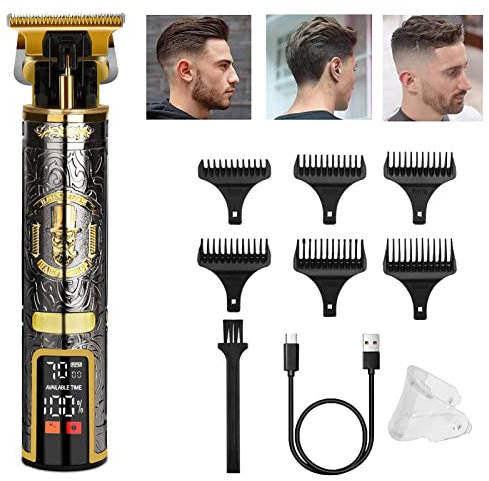 Haarschneidemaschine Profi Bartschneider Herren, Männer Haarschneider Elektrisch Barttrimmer mit 3 Motorstufen, T-Klinge mit 6 Kamm, LED-Display, Wasserdichter,Leise(Schwarzes Gold)