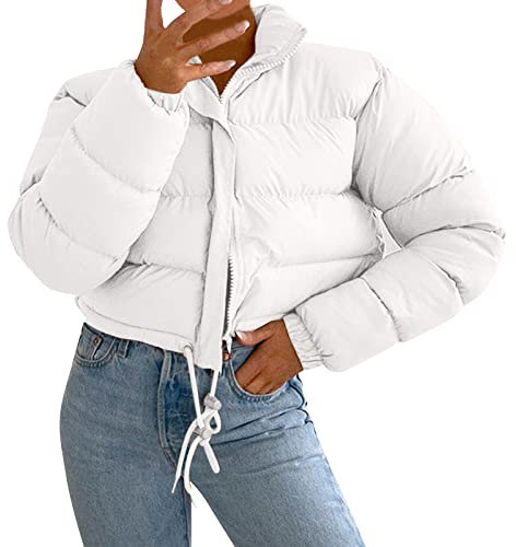 Chaqueta Acolchada Corta de Invierno Cuello Alto Abrigo de Ligera y Plegable Mujer Chaqueta de Cuero Brillante de Color Sólido Abrigo Suelto con Cremallera Abrigo de Algodón(S03 Blanco,L)