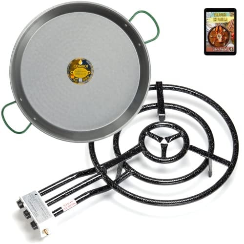 COMBOI Paellero gas butano 60 cm paellera 70 cm y libro de recetas digital, quemador de gas de tres roscos.