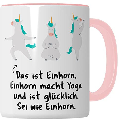 Yoga Tasse Geschenkidee Joga Kaffeetasse Humor Witz Geschenk für Guru Kaffeebecher Einhorn Becher (Weiß & Pink)