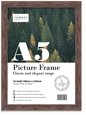 Almost Frameless A5 Walnut Picture Frame Fits A5 (14.8 x 21cm - 5.8 x 8.3in) Poster, Photo, Artwork, or Print. Thin Edge Slim Frame Portrait and Landscape Display with Wall Hooks